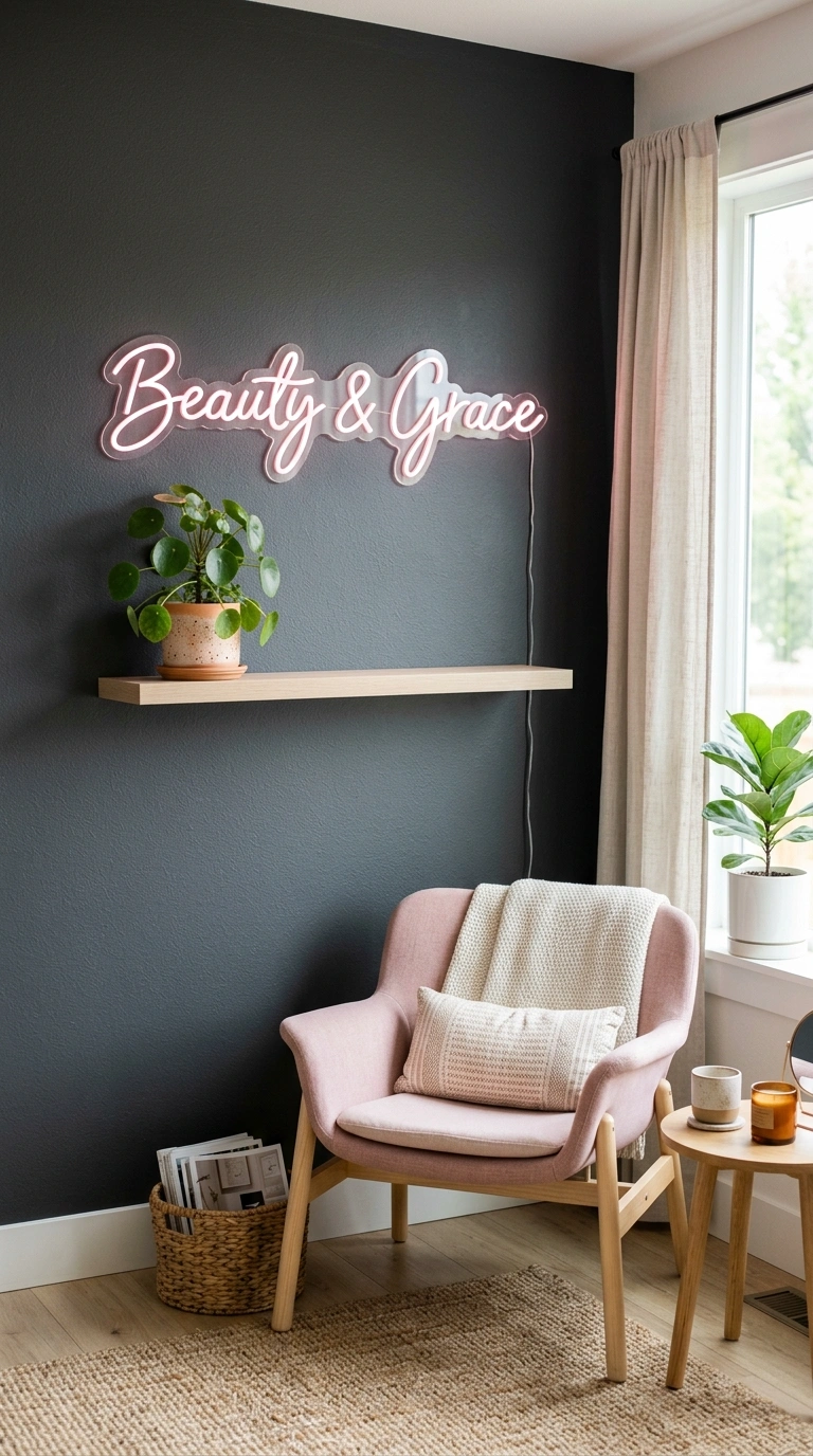 22 Stunning Beauty Salon Interior Design Ideas on a Budget 10 009 Neon Sign Wall A charcoal painted salon wall with