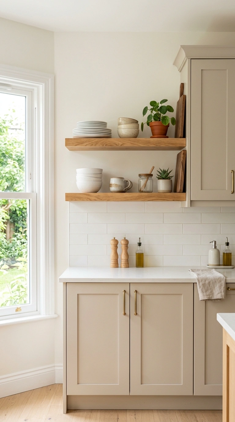 009 Open Oak Shelves A kitchen wall beside a window wi