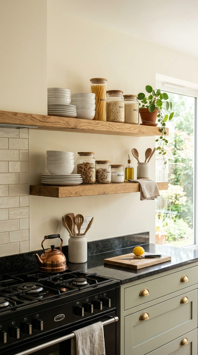 009 Open Shelves Above A shaker kitchen with two thick