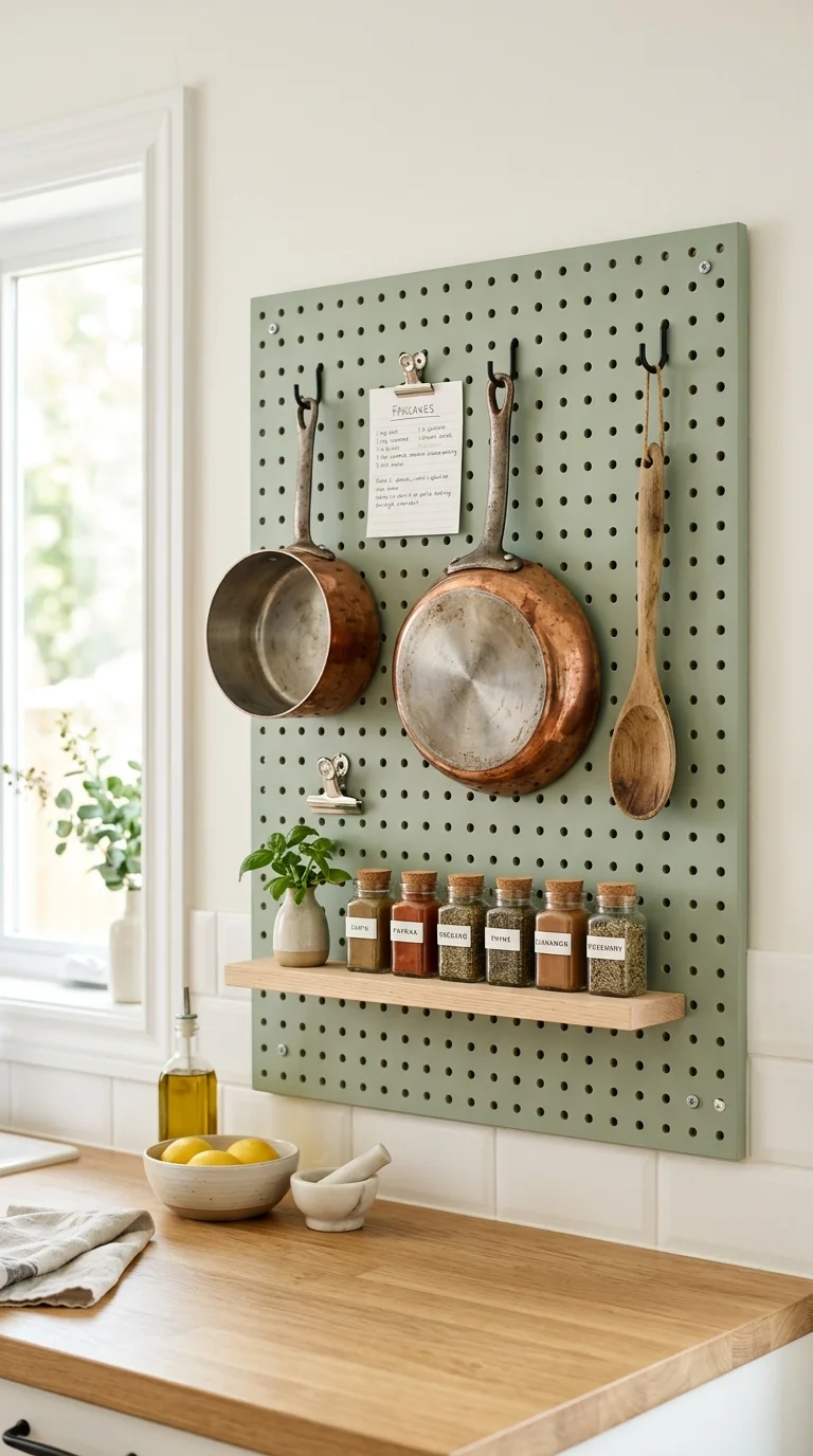 009 Pegboard Tool Wall A soft sage green pegboard moun