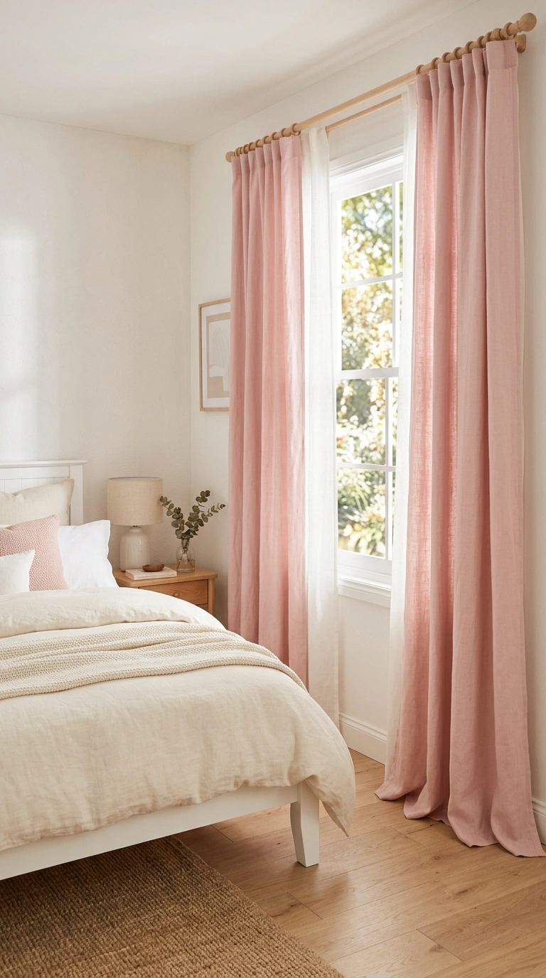 009 Pink Curtain Panels A bedroom window framed with f