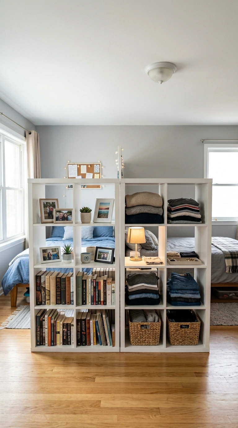 18 Genius IKEA KALLAX Bedroom Ideas That Transform Your Space 10 009 Room Divider Shelf A shared bedroom split by a tal