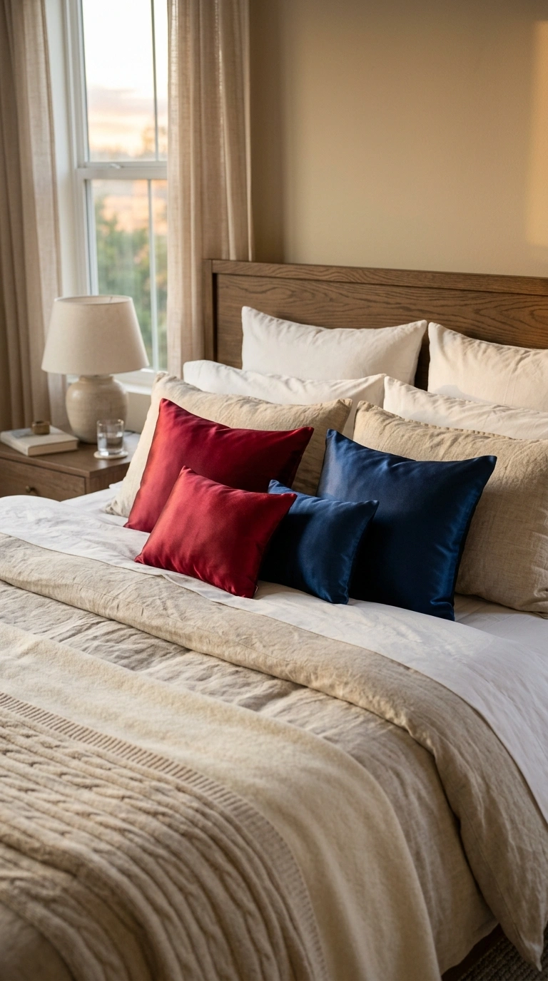 009 Silk Jewel Pillows A bed dressed with a few ruby a