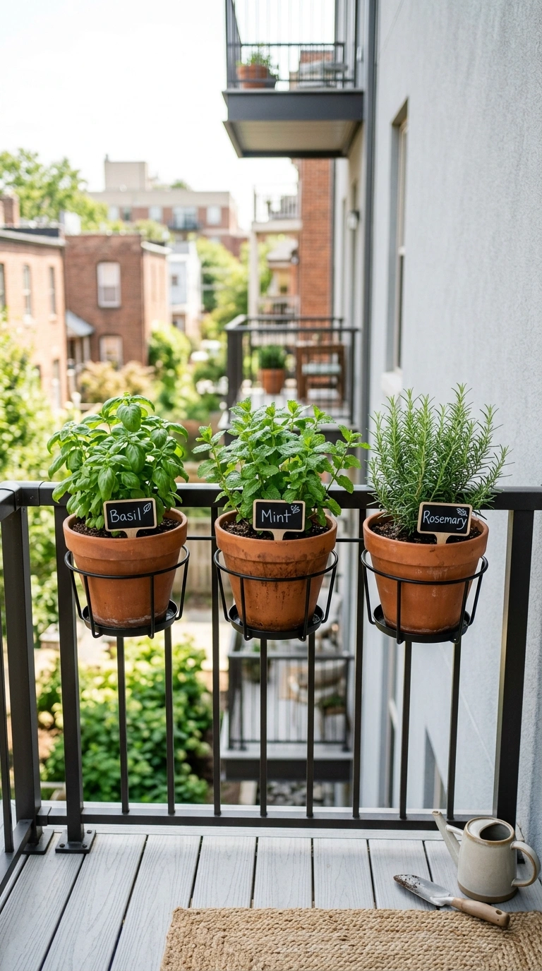 009 Small Herb Garden A balcony railing lined with mat