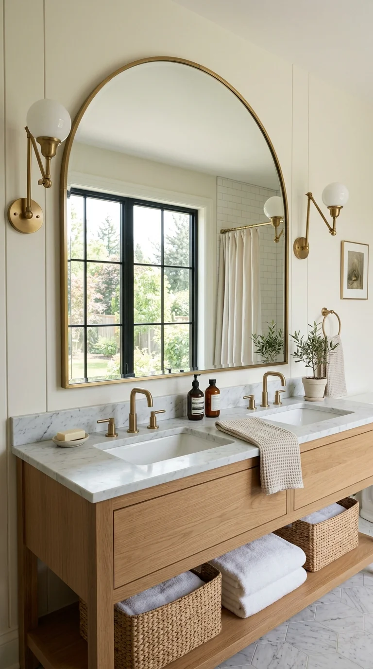 19 Bathroom Remodel Ideas to Refresh Your Space 10 009 Statement Mirror Wall An oversized arched mirror h