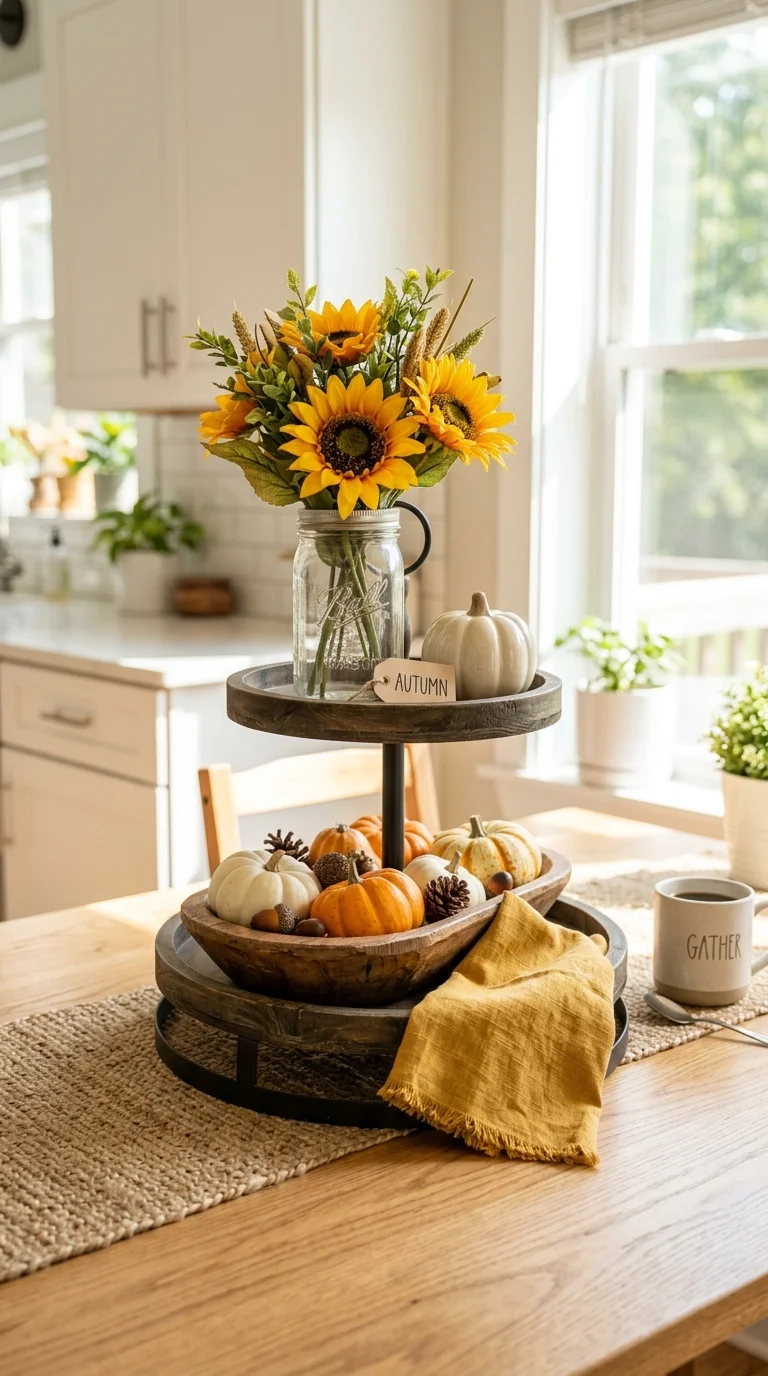 009 Sunflower Tray A tiered tray on a sunny kitchen ta