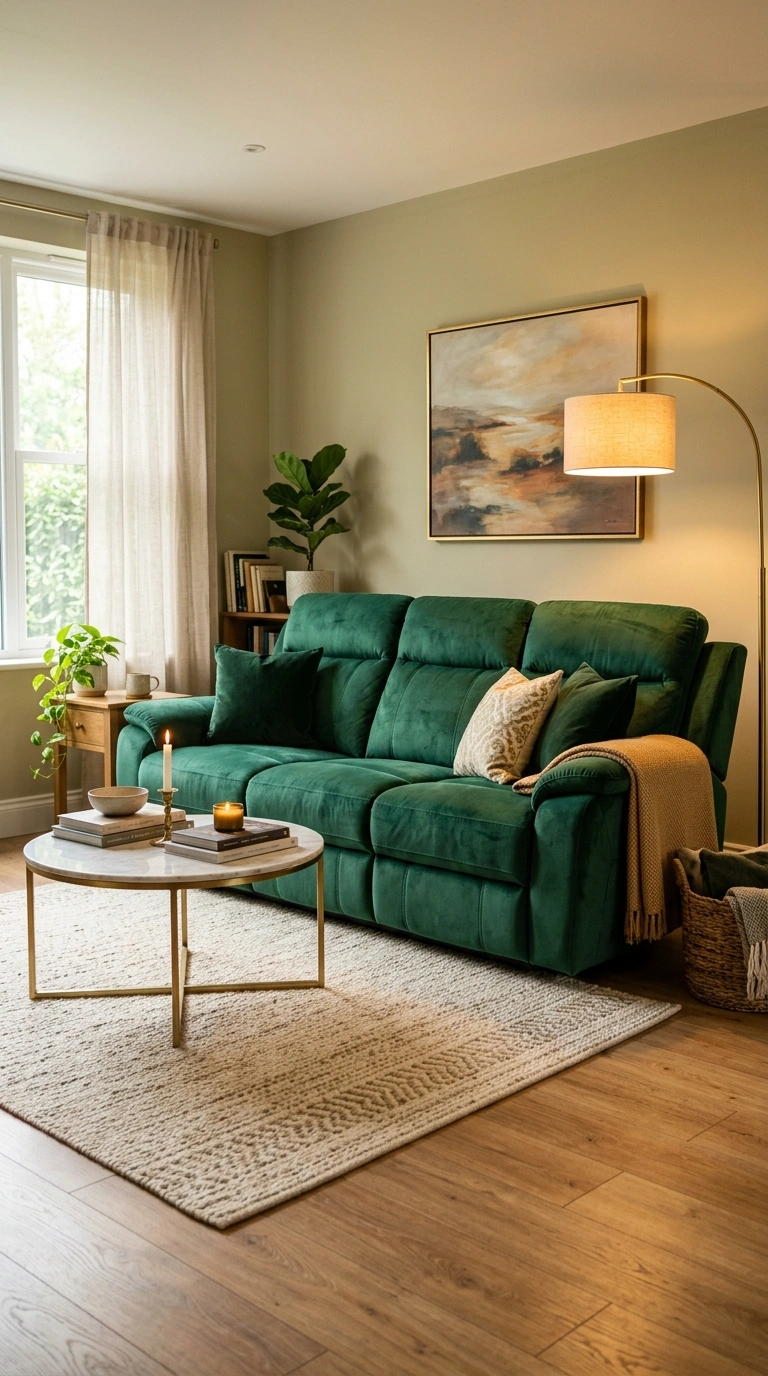 009 Velvet Reclining Sofa A living room with an emeral