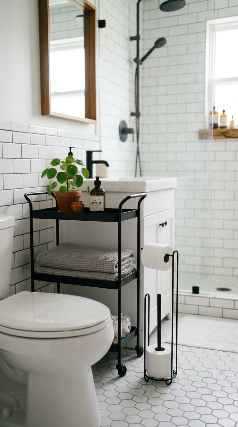 009 Vertical Bar Cart A bathroom with a slim black met