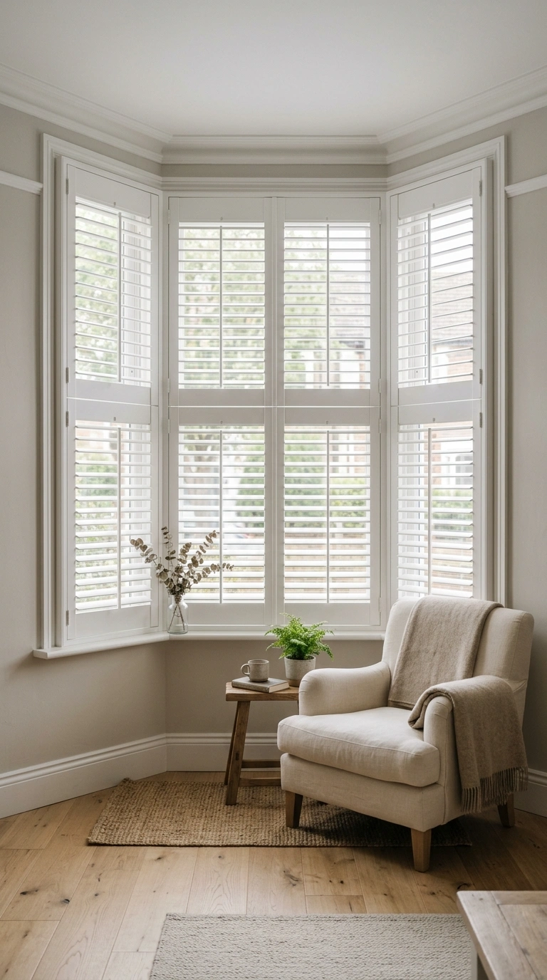 009 Wood Shutters Style A bay window fitted with white