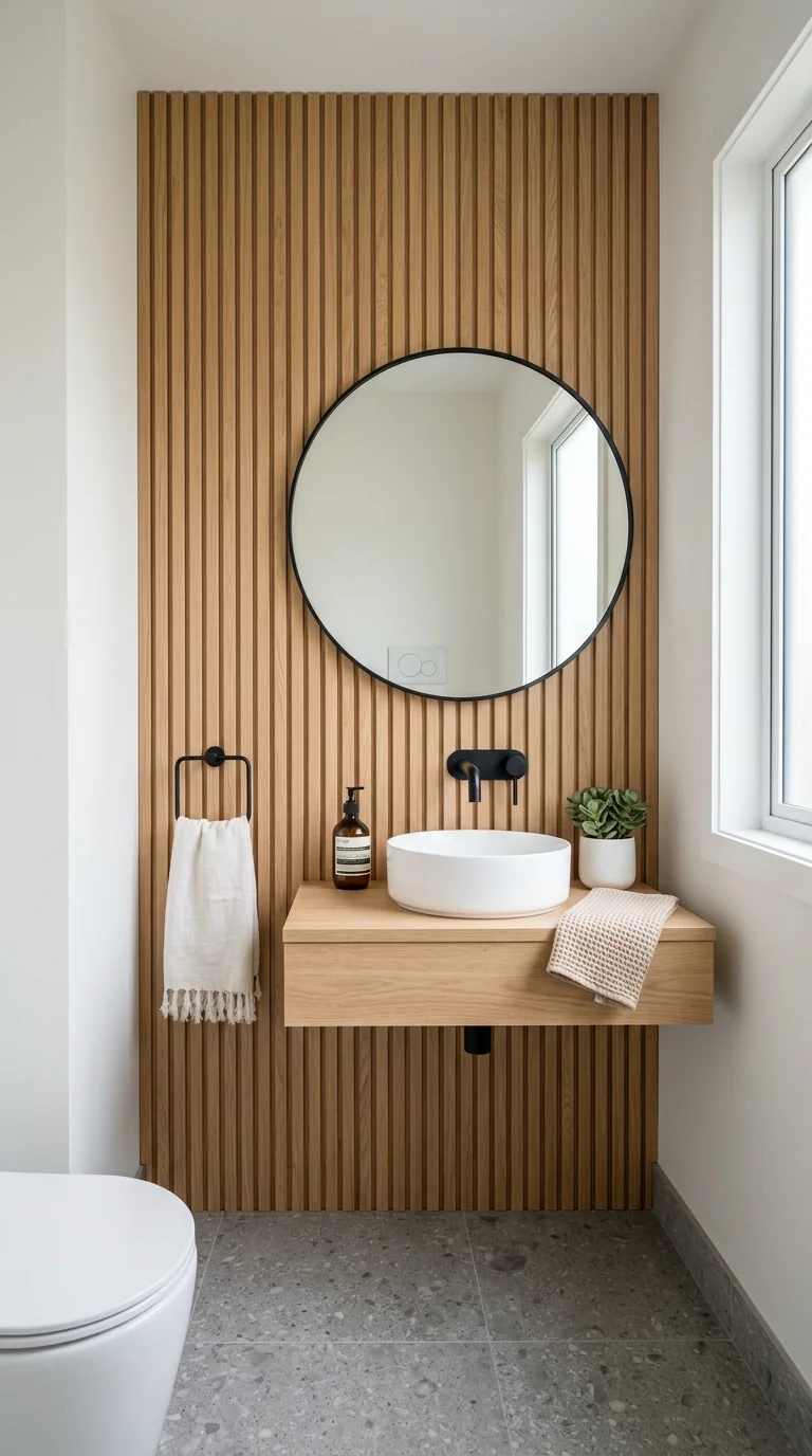 009 Wood Slat Wall A powder room with a vertical oak s