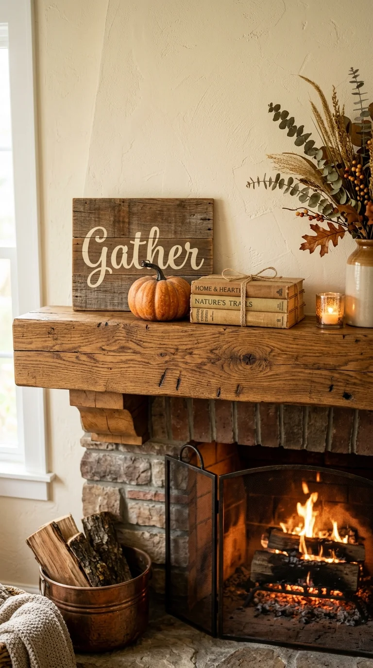 009 Wooden Sign Accent A fireplace mantel with a small