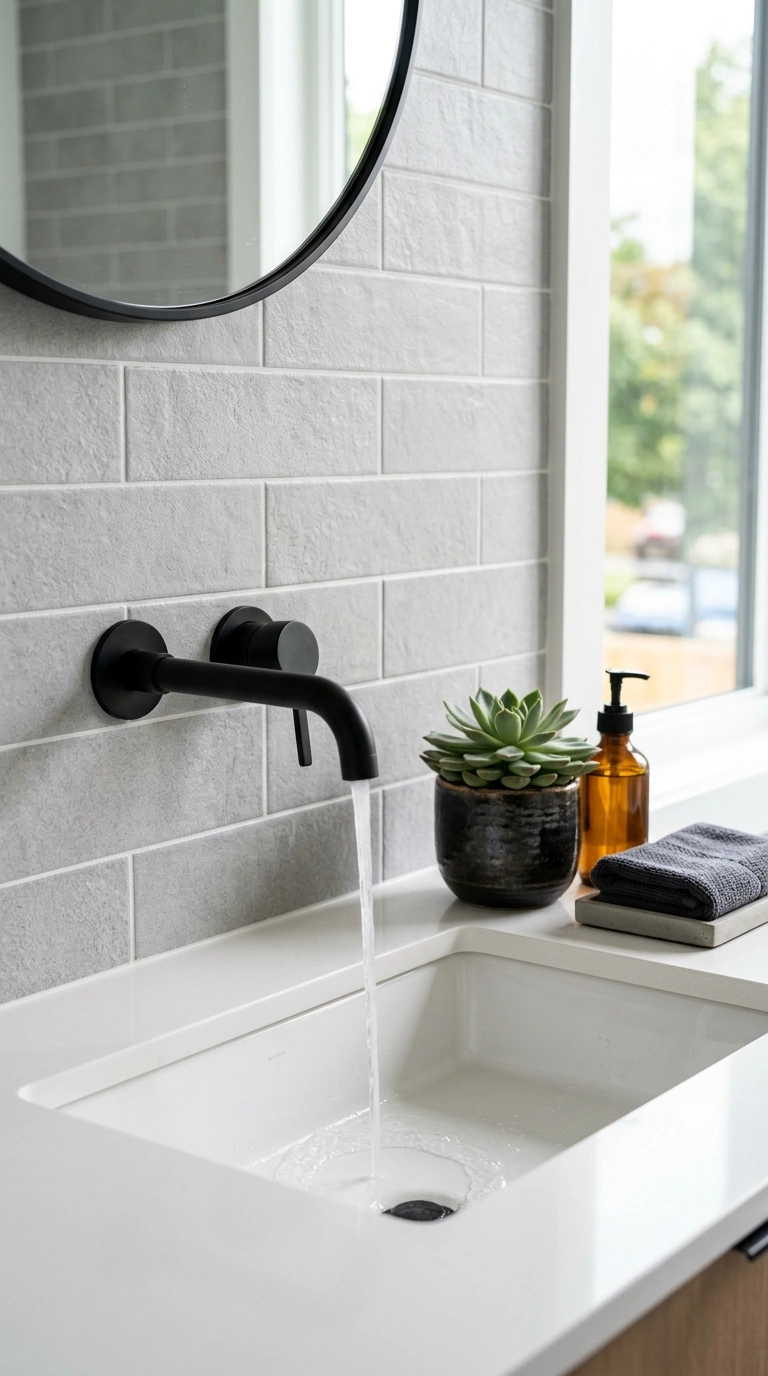 010 10 Wall Mounted Faucet A white sink counter with a