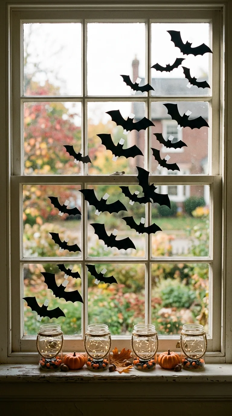 21 Dollar Tree Halloween DIY Ideas for a Spooky Home 11 010 10Bat Silhouette Window Black cardstock bat silhou
