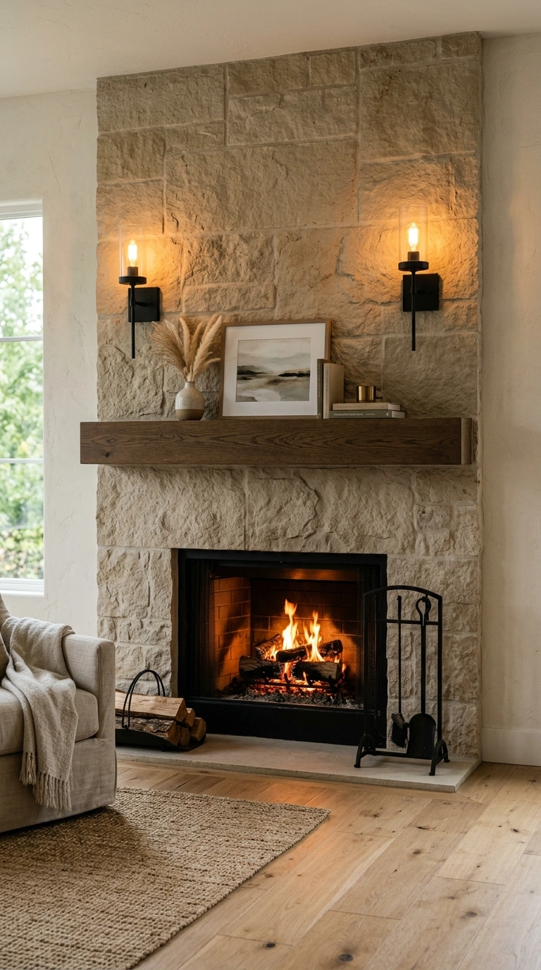 010 Above Fireplace Sconce A living room fireplace wit 1