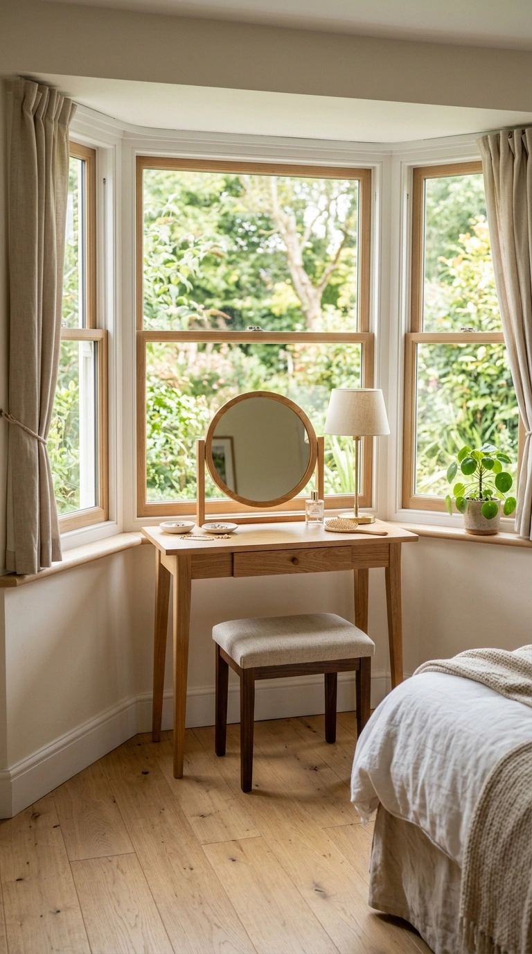010 Bay Window Vanity A bedroom bay window with a slim