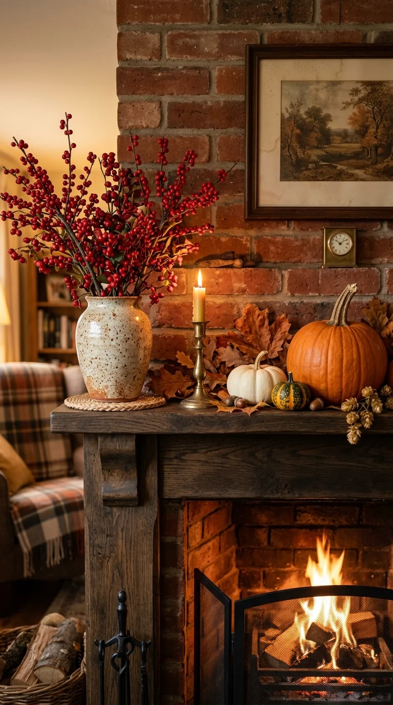 010 Berry Stem Vase A fireplace mantel with a ceramic