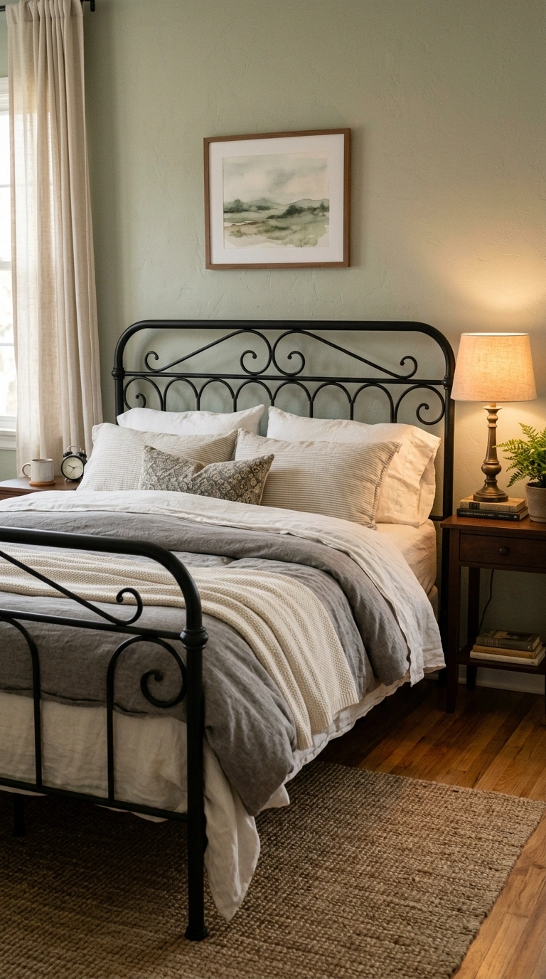010 Black Iron Frame A bedroom with a black matte iron