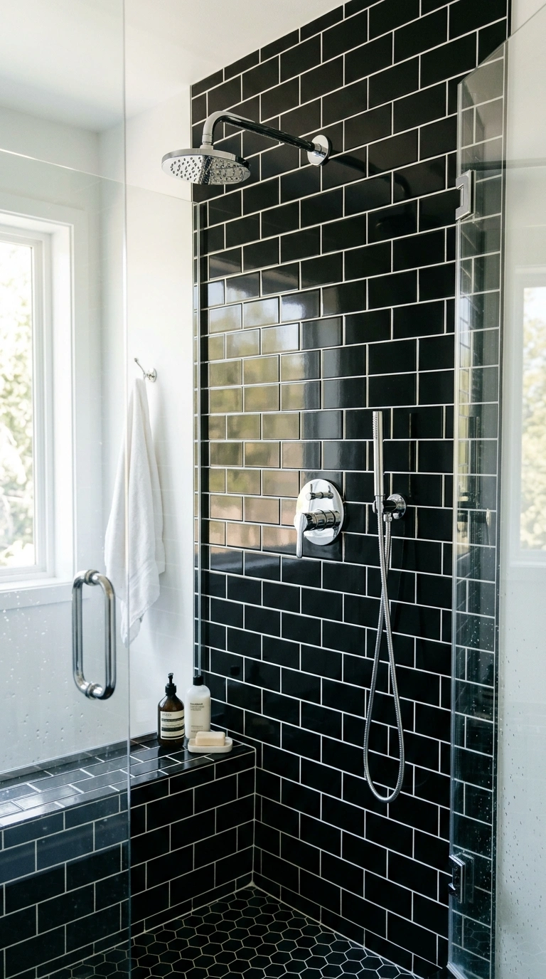 21 Bathroom Wall Decor Ideas for Black, Red & Chrome Themes + Smart Shower Storage 11 010 Black Subway Tile A bathroom shower wall covered i