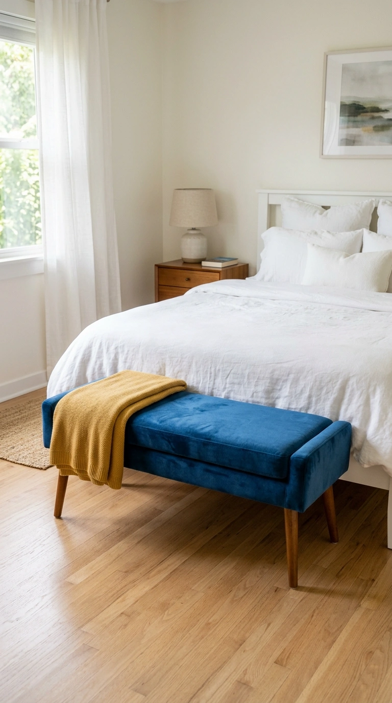 010 Blue Velvet Bench A bedroom with a small blue velv