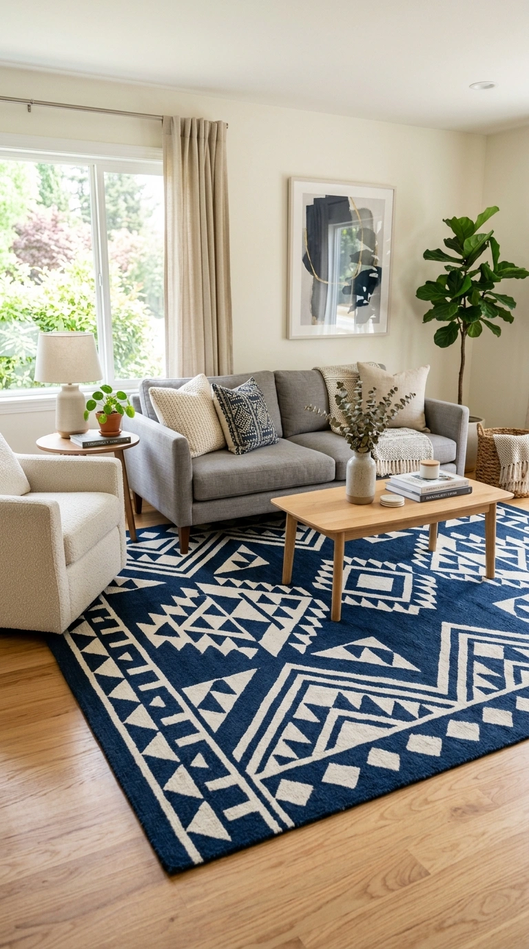15 Modern Art Deco Home Decor Ideas for a Stylish Home 10 010 Bold Geometric Rug A living room with a navy and c