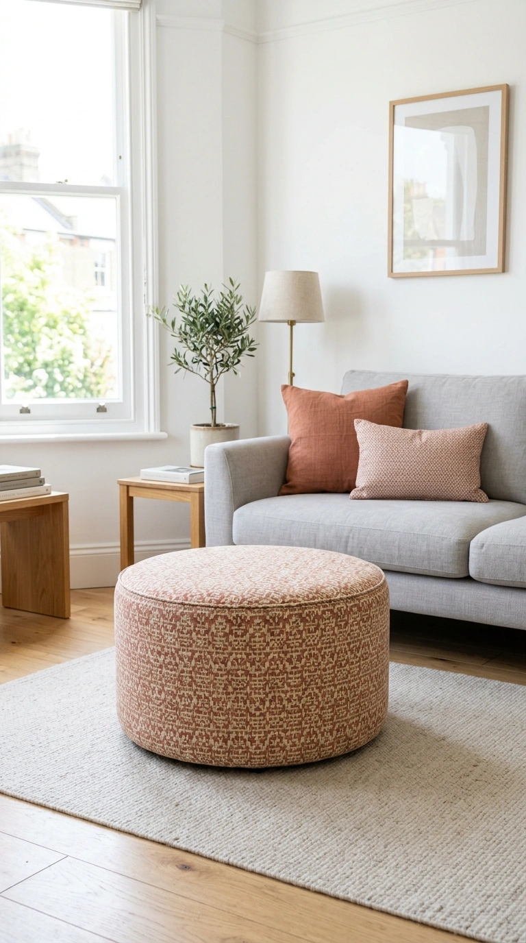 010 Bold Patterned Ottoman A round ottoman upholstered