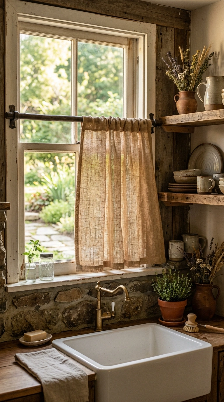 010 Burlap Rustic Look A farmhouse kitchen sink window