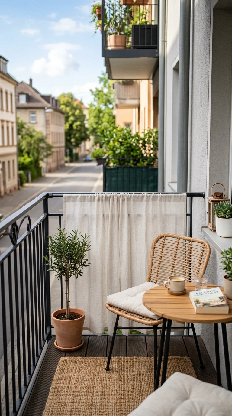 010 Cafe Curtain Privacy A balcony railing with a ligh