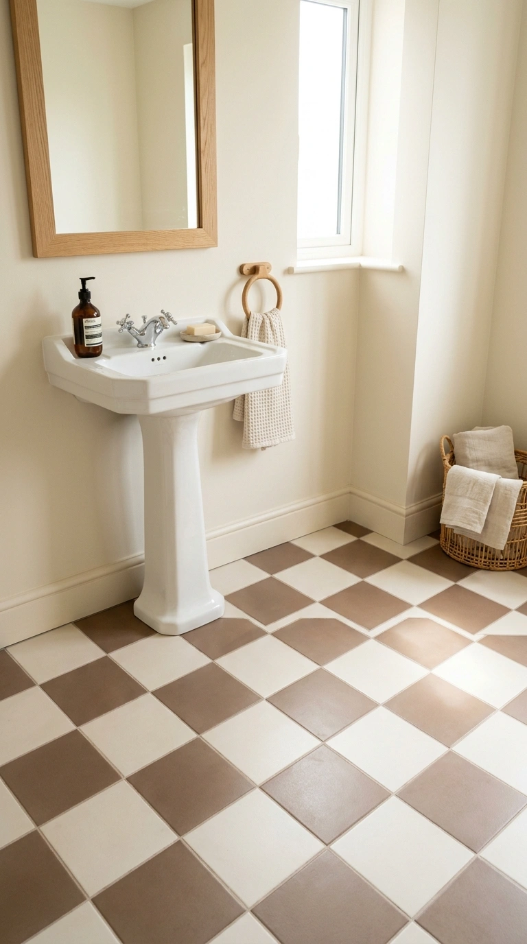 010 Checkerboard Floor Tile A bathroom floor with crea