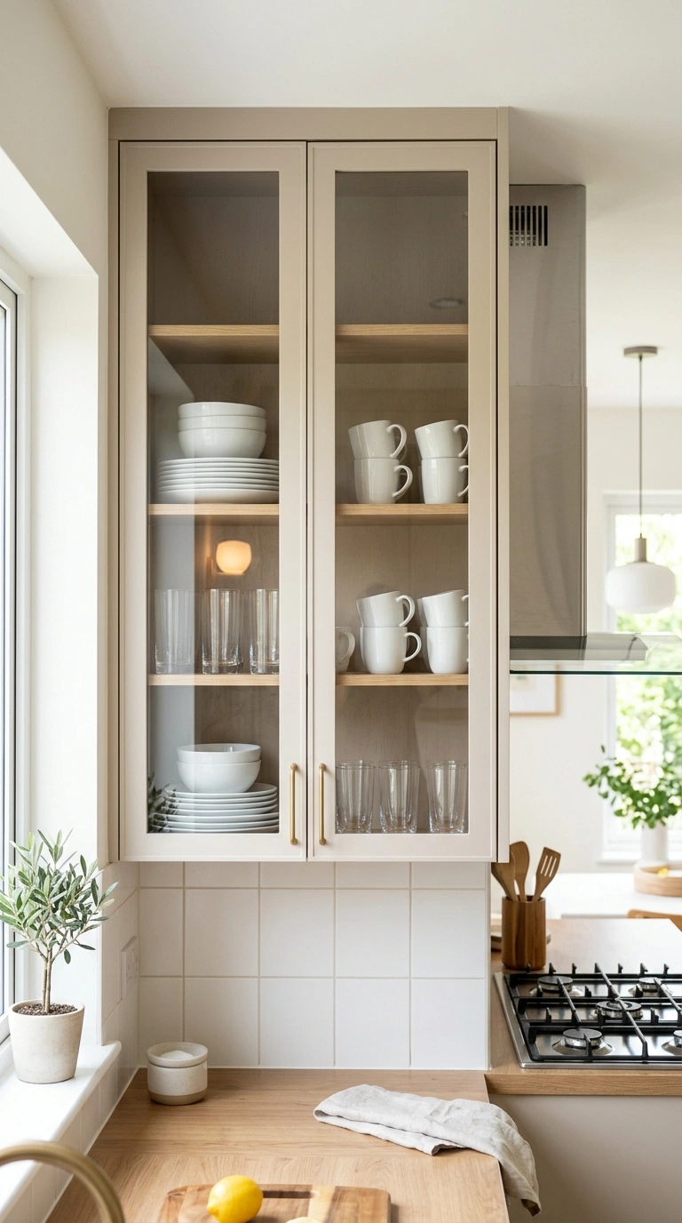 010 Glass Front Uppers Two cashmere upper cabinets wit