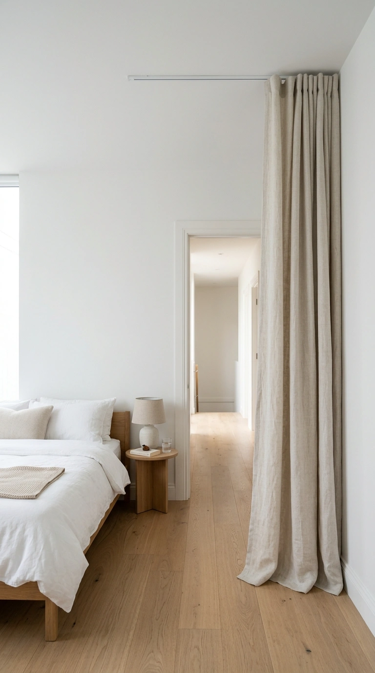 010 Half Cafe Curtain A short gingham cafe curtain in Linen curtain hanging in bedroom 20260916174812
