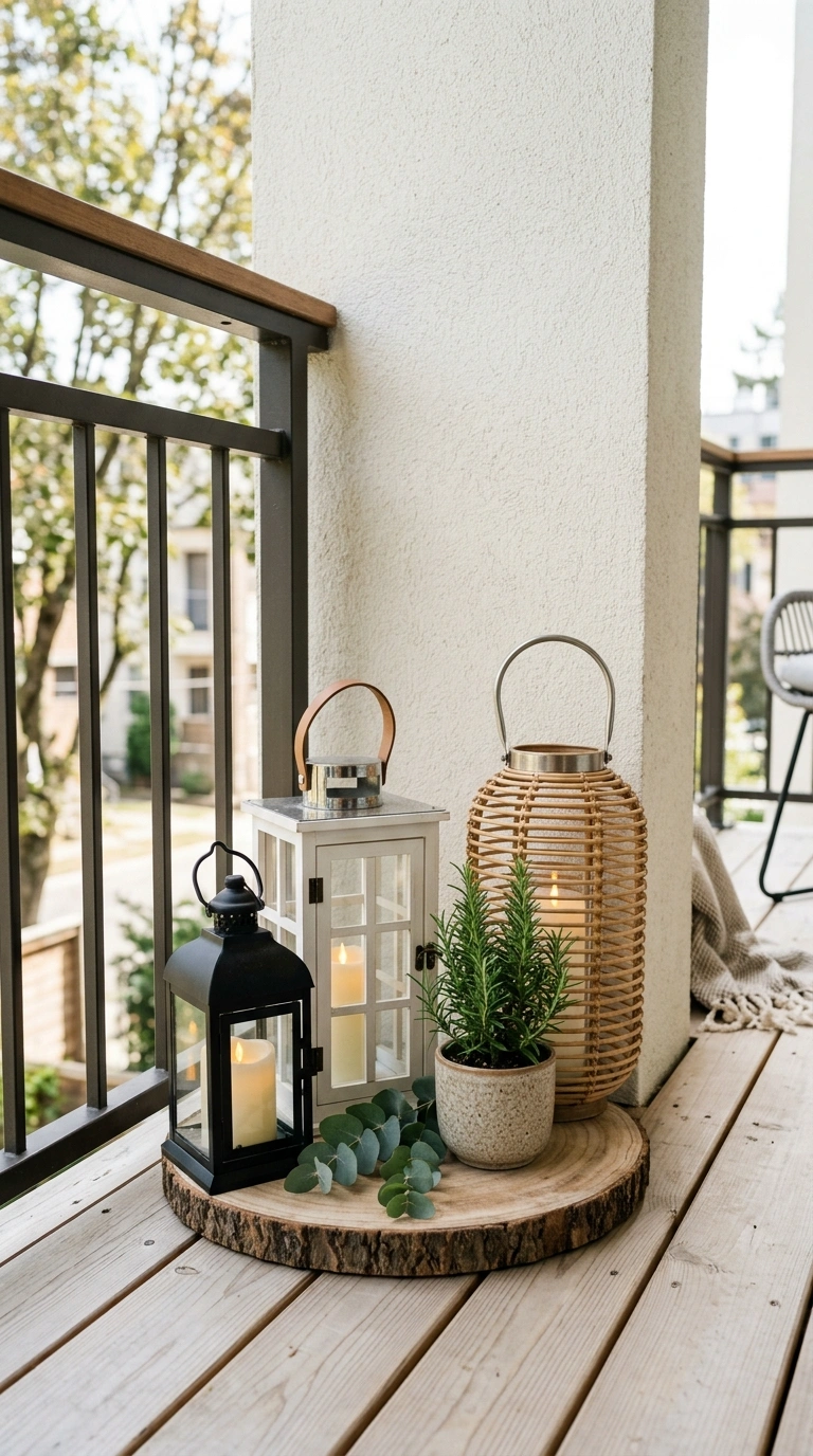 010 Lantern Clusters A balcony corner with three lante