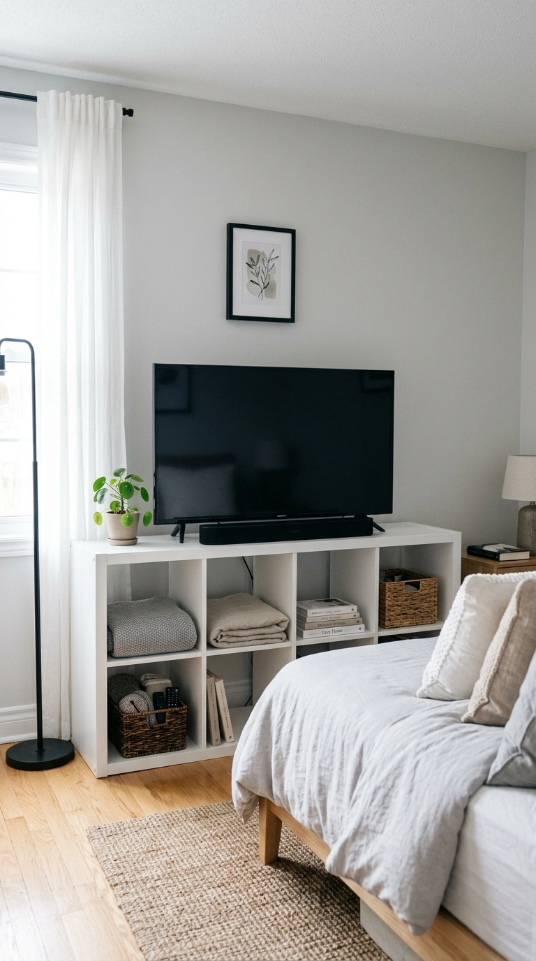 010 Low TV Console A bedroom with a row of white Kalla 1