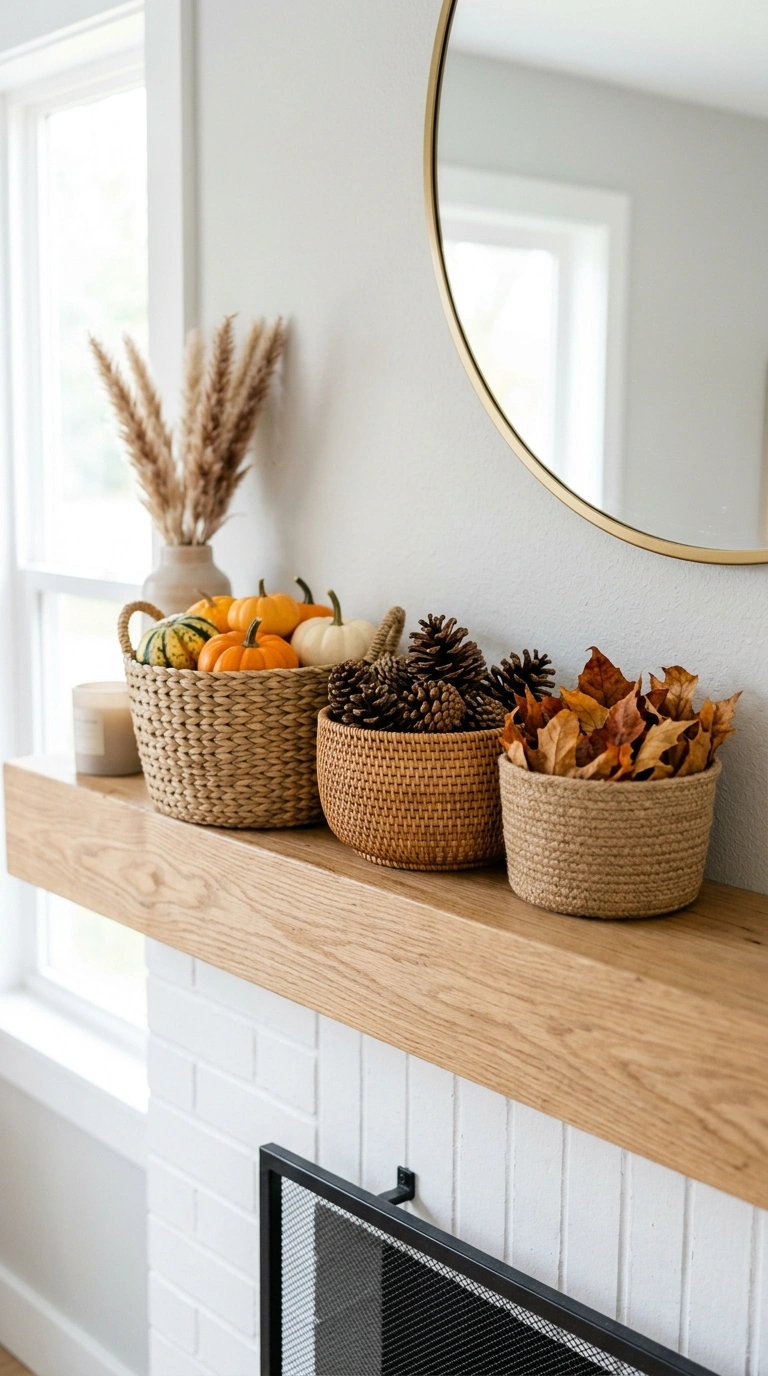 16 Beautiful Fall Basket Ideas to Add Seasonal Charm 11 010 Mini Basket Trio A mantel with three small baskets
