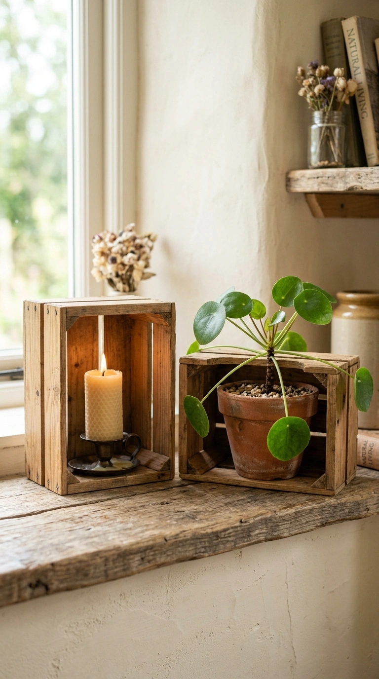 19 Trendy Fall Shelf Decor Ideas for Any Room 11 010 Mini Wood Crates Two small wooden crates on a shel