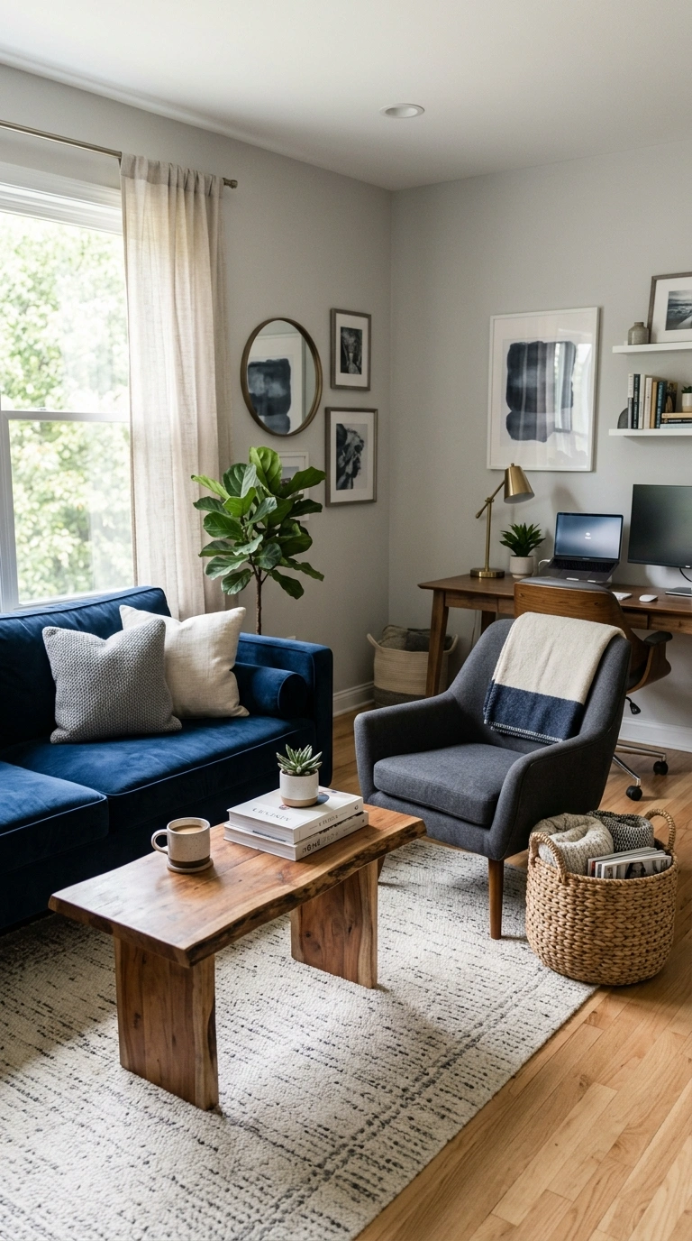 21 Colors That Pair Perfectly With Navy Blue 11 010 Navy And Gray A home office with light gray walls