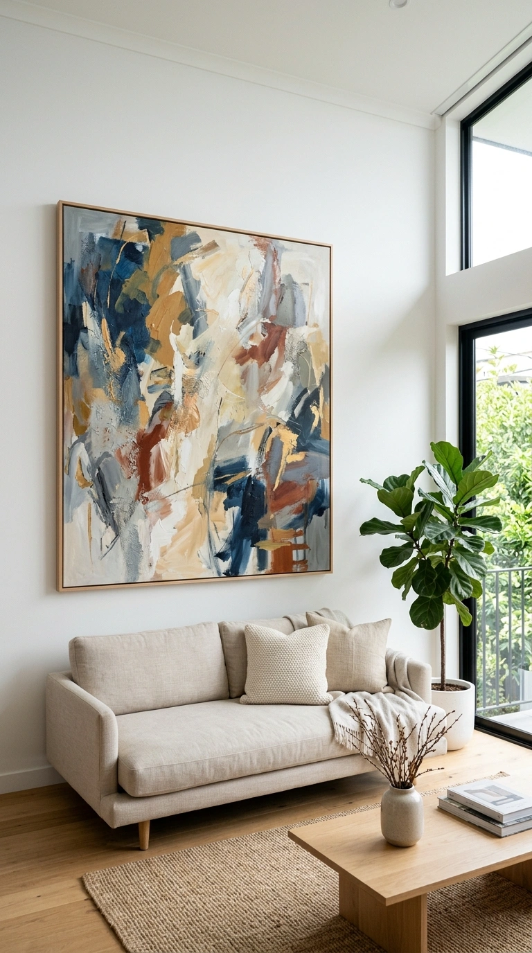 15 Stylish Living Room Trends for 2026 to Inspire Your Next Makeover 11 010 Oversized Wall Art A living room with a large abst