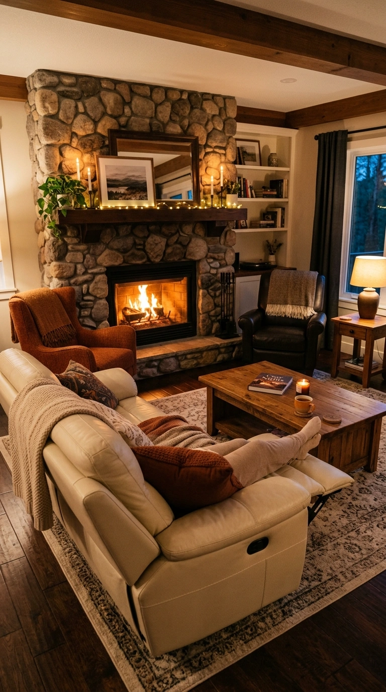 010 Reclining Sofa Fireplace A living room with a crea