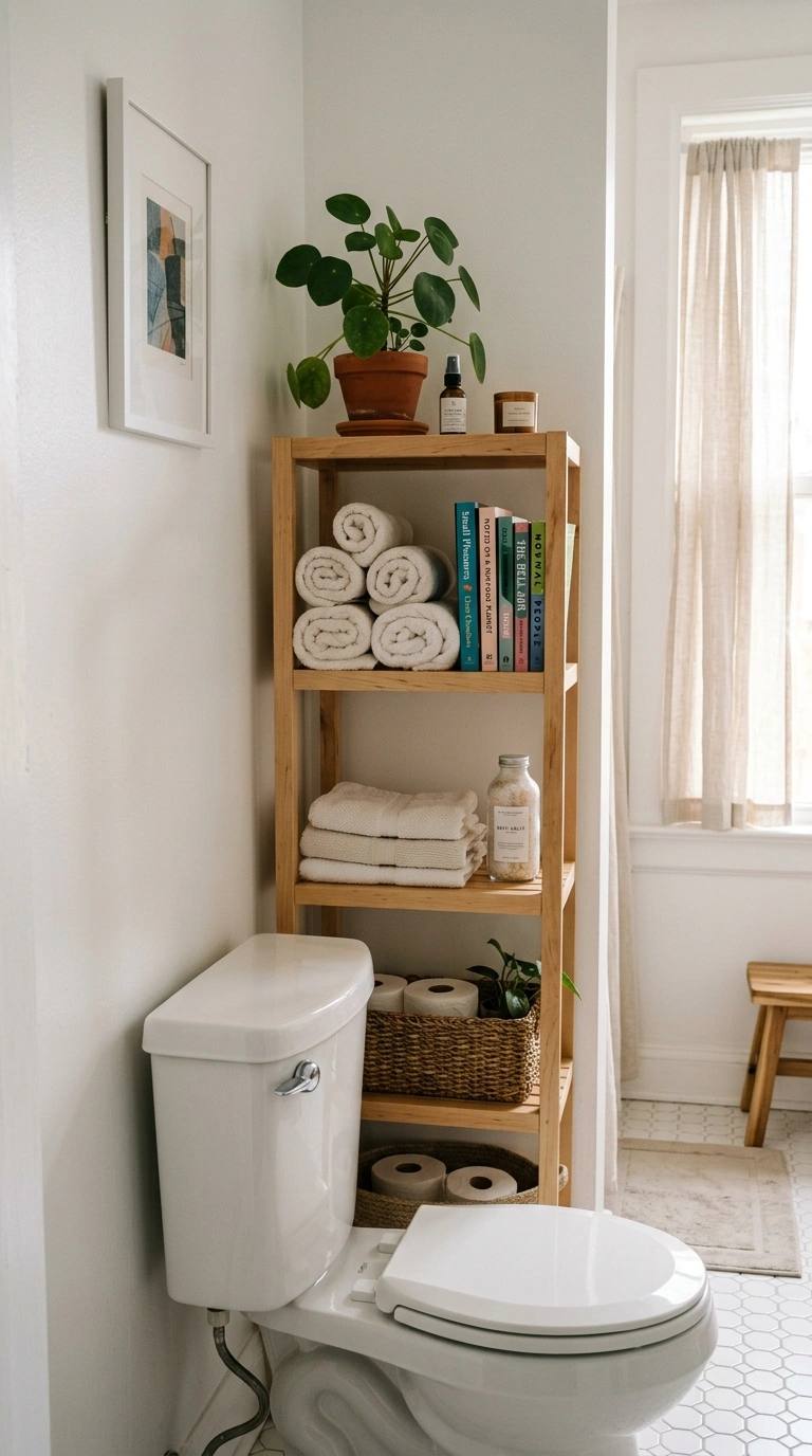 010 Small Bookshelf Corner A bathroom with a narrow wo