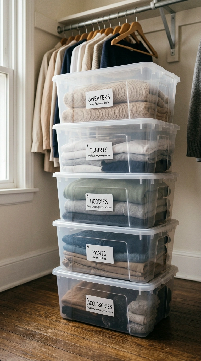 010 Stackable Bins A stack of five uniform clear stora