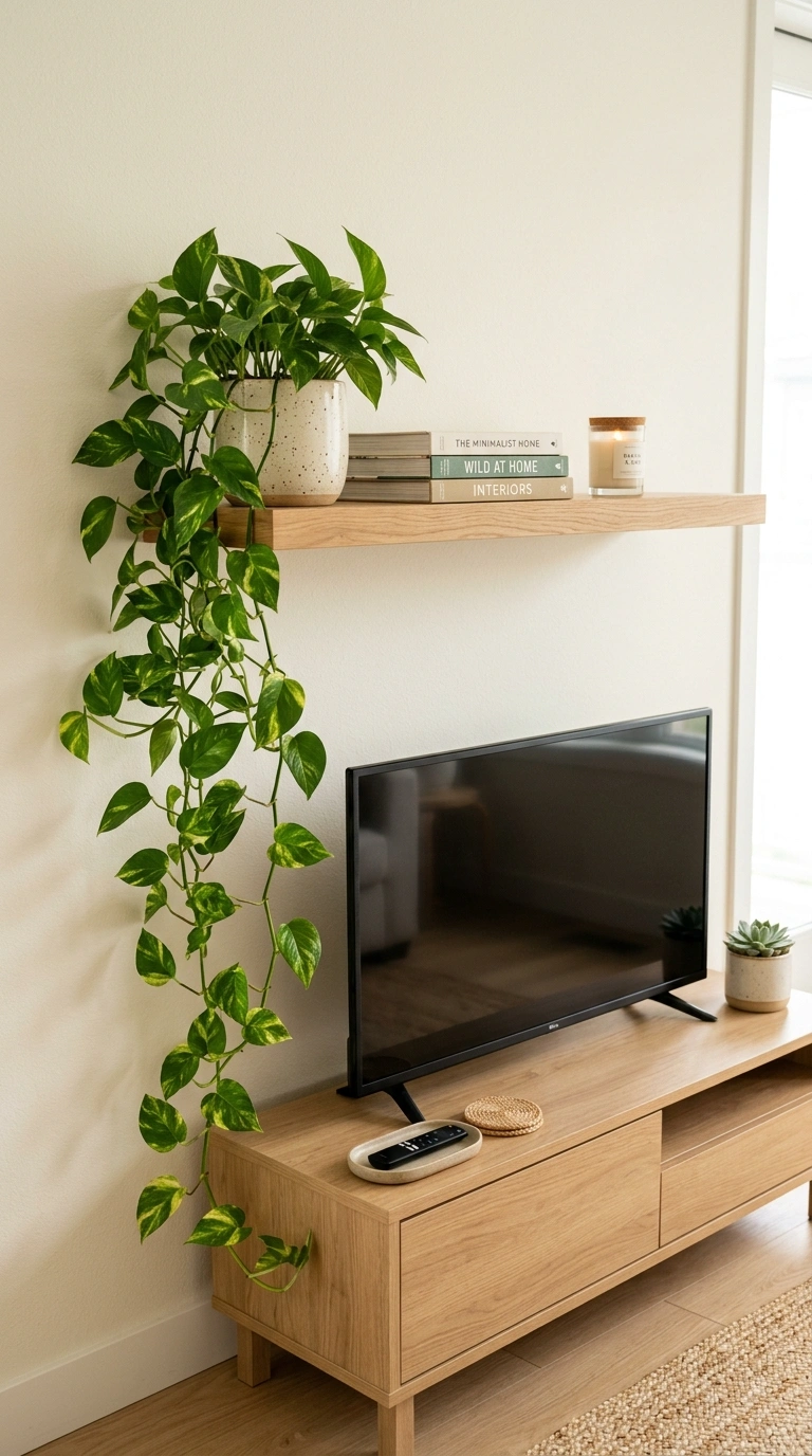 010 Trailing Plant Shelf A wood shelf above a TV with