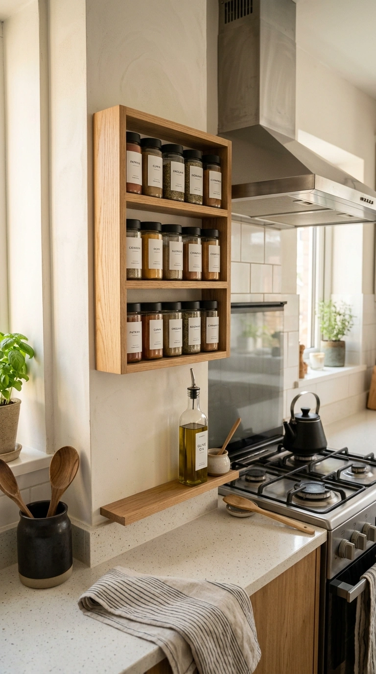 010 Wall Mounted Spice Rack A narrow wooden spice rack