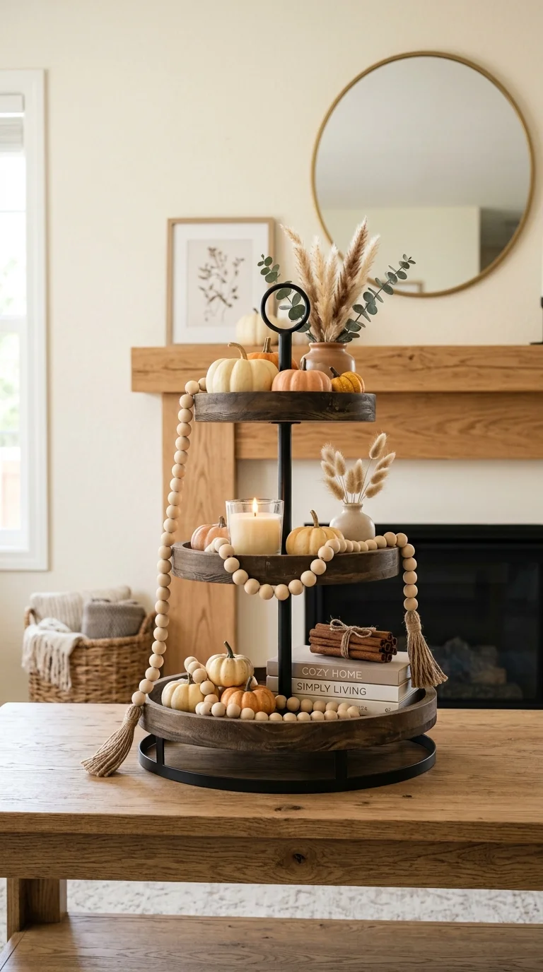 010 Wood Bead Garland Tray A tiered tray on a mantel w