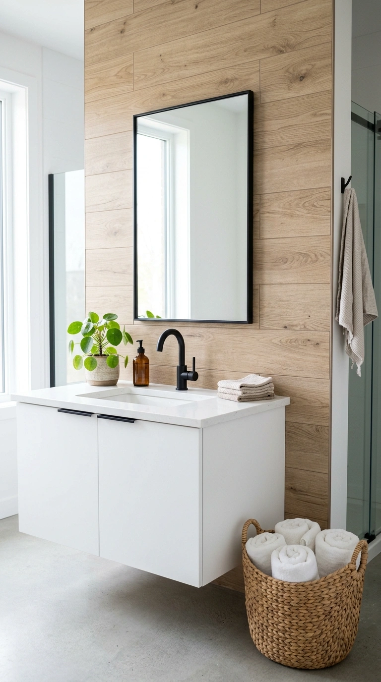 24 Bathroom Backsplash Ideas For Every Budget And Style 11 010 Wood Look Tile A white vanity with light oak look