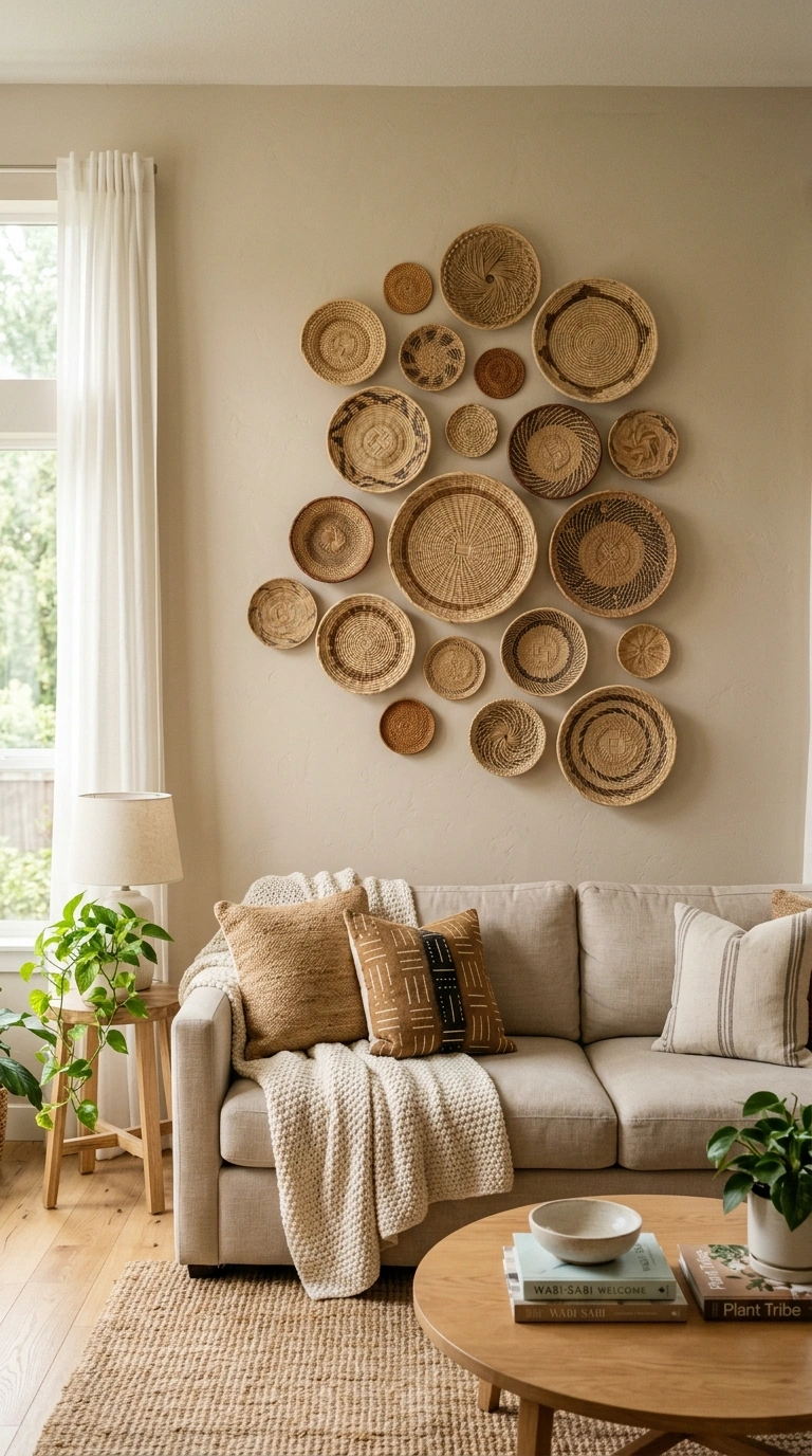 010 Woven Plate Wall A living room with a neutral sofa