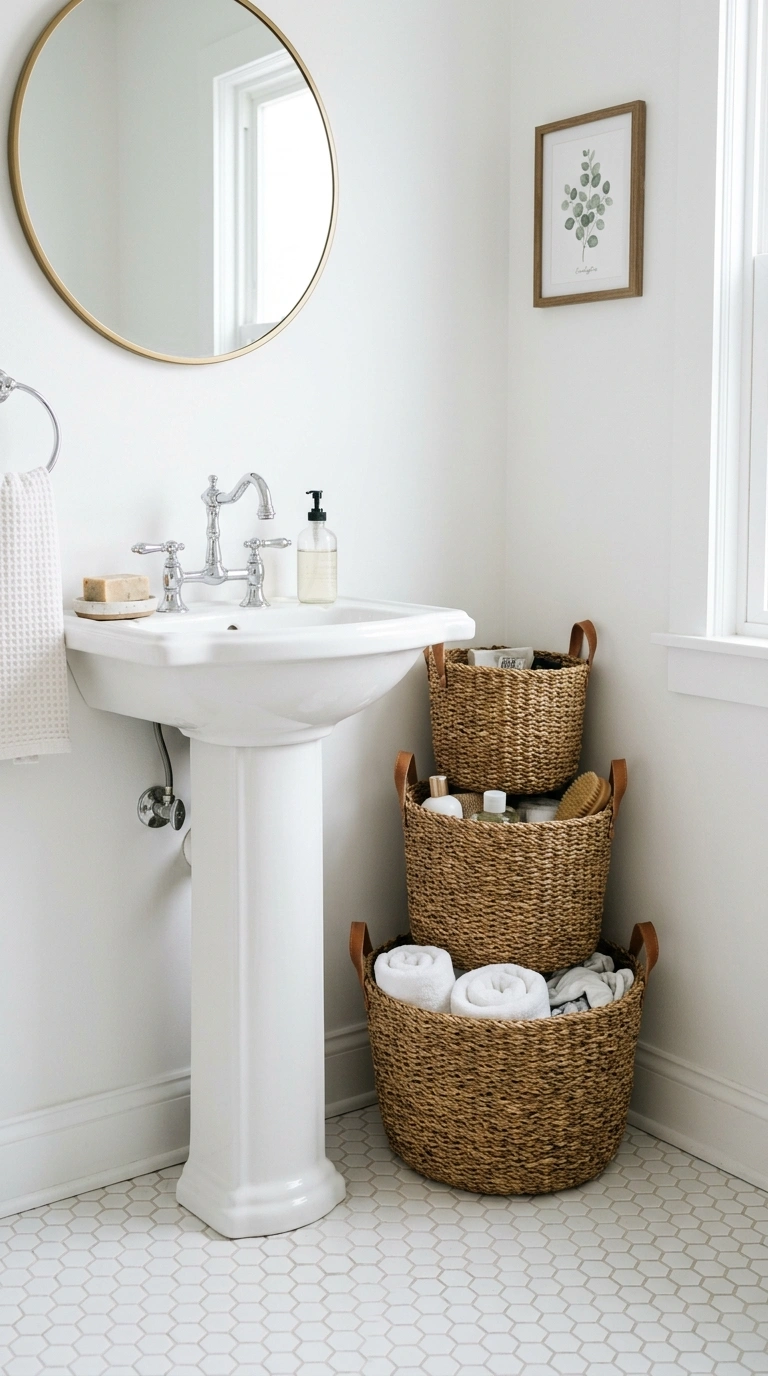 010 Woven Storage Baskets A small bathroom corner with