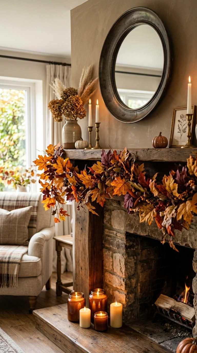 19 Trendy Fall Shelf Decor Ideas for Any Room 12 011 Autumn Leaf Garland A mantel shelf draped with a f
