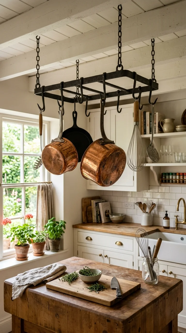 011 Ceiling Pot Hooks A small kitchen with an iron cei