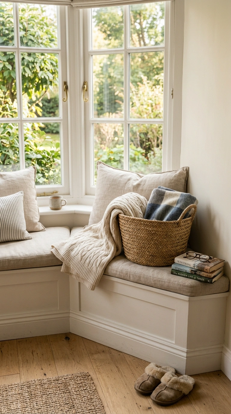 011 Cozy Blanket Basket A bay window seat corner with