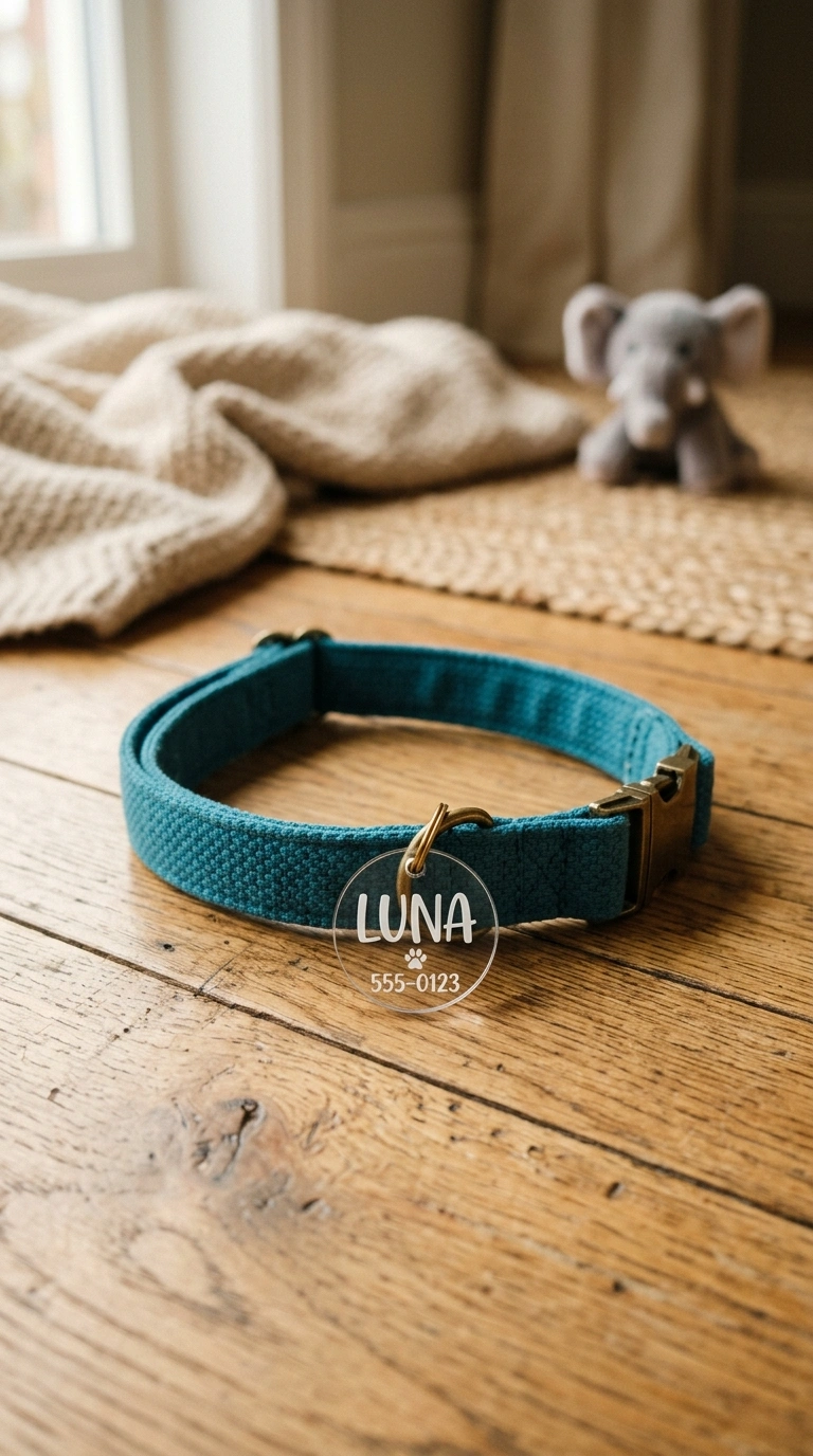 011 Custom Pet Tags A wood floor with a dog collar fea