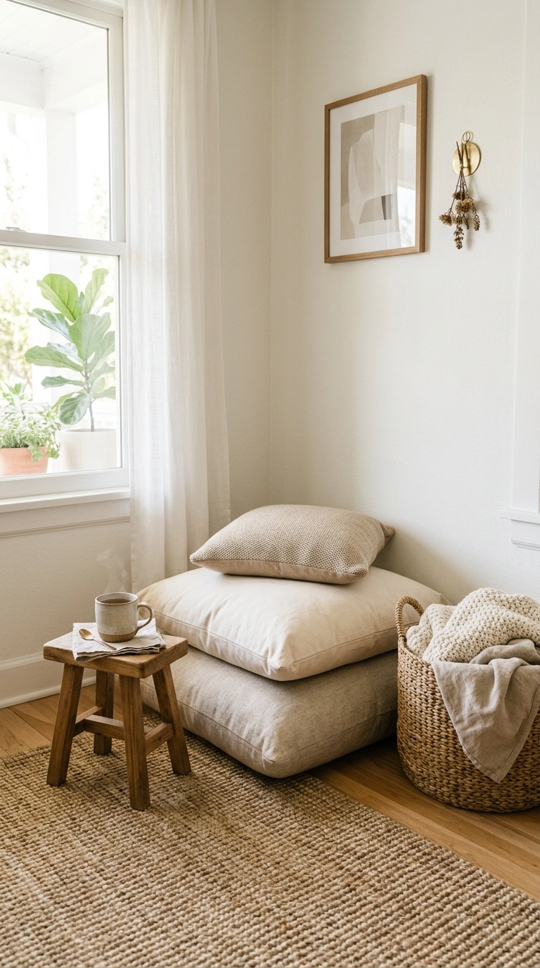 23 Simple Reading Nook Ideas You Can Set Up Today 12 011 Floor Cushion Corner Three large neutral floor cus